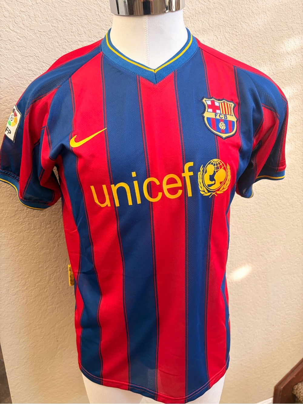 LF Red & Blue Striped Soccer Jersey with Yellow Accents